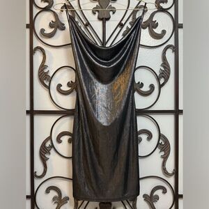 Shimmering Black Silver Slip Bodycon Stretch Party Dress with Low Back and Drape